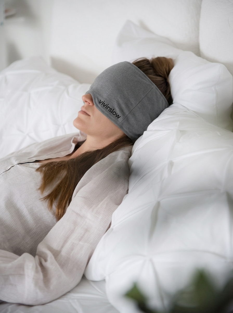 Clienta durmiendo de lado con el antifaz Vivir Slow